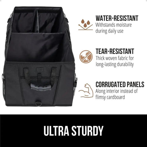 Trunk Organizer For SUV And Car With Big Capacity Collapsible Storage Heavy Duty Multi Compartment Water Resistant And Spill Proof Slip Resistant Durable Car Accessory Perfect Gift For Mom And Dad, featuring black material and two large compartments.