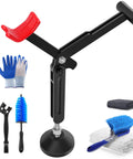 7 Piece Motorcycle Cleaning Kit With Portable Lift Jack For Chain Maintenance And Wheel Cleaning tools displayed