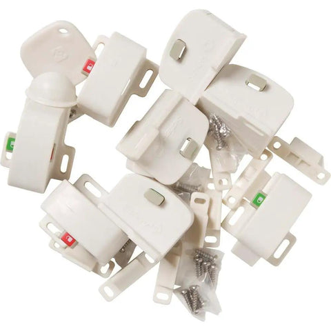 9-piece Magnetic Cabinet Locks With 1 Key, 8 Lock Pack for easy kidproofing of cabinets and drawers, shown with screws.