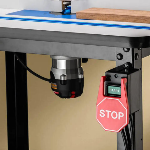 Heavy Duty 15 Amp Safety Power Tool Switch With Stop Paddle Quick Shut Off for router tables and workbenches, attached to table