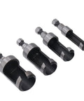 Hardwood Shop Tough Four Piece Plug Cutter Set With Hex Shank For Router Bit Holes and Clean Screw Concealment In Cabinetry Bench Work And Quick Weekend Fixes, featuring hardened steel cutting heads.