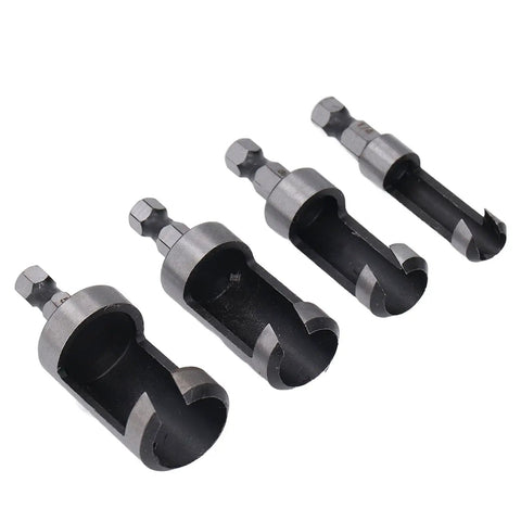 Hardwood Shop Tough Four Piece Plug Cutter Set With Hex Shank For Router Bit Holes and Clean Screw Concealment In Cabinetry Bench Work And Quick Weekend Fixes, featuring hardened steel cutting heads.