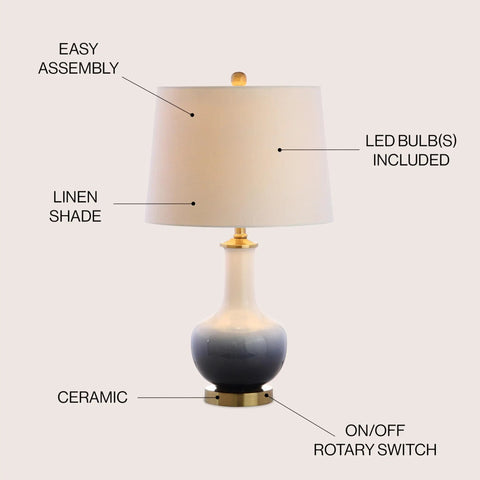 Gradient 25 Inch Ceramic And Brass LED Table Lamp with linen shade, navy white ceramic base, and brass details.