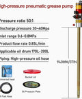 High-pressure pneumatic grease pump specifications for 170-200L drums, featuring 16ft hose and universal head.