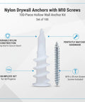 Heavy Duty M10 Nylon Drywall Anchors with screws pack, showing one white nylon anchor and one steel screw for hollow wall mounting.