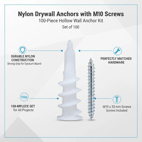 Heavy Duty M10 Nylon Drywall Anchors with screws pack, showing one white nylon anchor and one steel screw for hollow wall mounting.