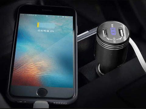 Dual USB Car Charger With Quick Charge 3.0, 2 USB Ports, In Car Carbon Monoxide Alarm With LCD Display, High Sensitivity CO Detector, Fast Charge Car Adapter For Safer Road Trips, Black, installed in car with phone.