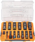 Deep Well Impact Socket Set With Half Inch Drive SAE Color Coded 14 Piece in MODbox Case open showing all sizes and tools