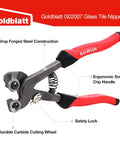 Side view of Goldblatt glass tile nippers two-piece set with red soft-grip handles