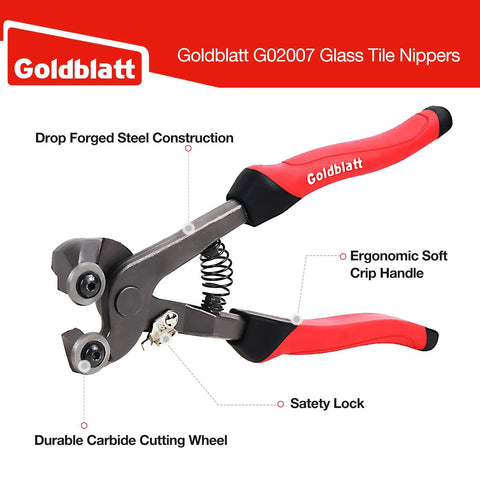 Side view of Goldblatt glass tile nippers two-piece set with red soft-grip handles