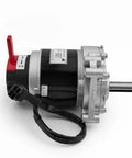 Side view of a 24V geared brush motor with red on/off lever, black body and silver gear housing.