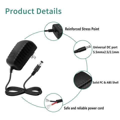 No Fuss 24V 1A Power Supply Adapter with 5.5x2.5mm DC plug, black casing, and reliable cord for LED strip lights and cameras.