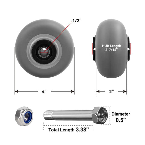 Heavy Duty 4 X 2 Inch Caster Wheels Set Of 2 With 1/2 Inch Bore And 3/4 Roller Bearing Handles 700 Lbs Total Weight Thermoplastic Rubber Crown Tread Straight Up Silent Gliding Workhorse For Shop Carts