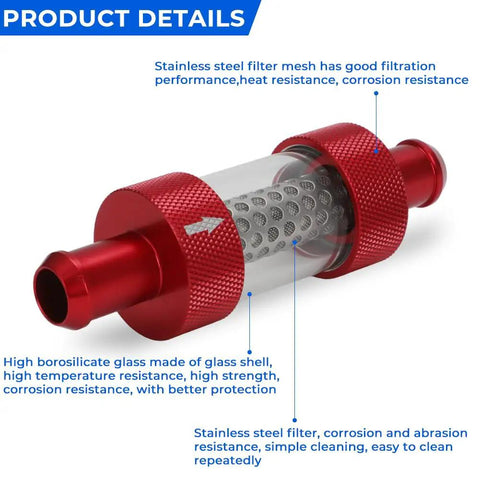 Five Eighth Inch Universal Inline Heater Core Coolant Filter Red For Your Auto Keep Your Ride Running Smooth By Filtering Debris To Protect Engine And Improve Coolant Flow Easy Install Durable Inline Filter with stainless steel mesh and borosilicate glass shell