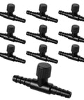Ten black T-shaped aquarium air control valves for 3/16 inch tubing; adjustable one-way plastic flow regulators