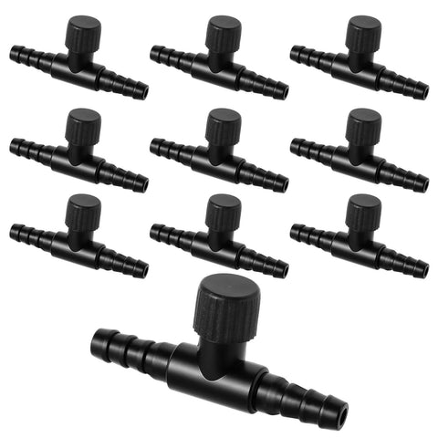Ten black T-shaped aquarium air control valves for 3/16 inch tubing; adjustable one-way plastic flow regulators