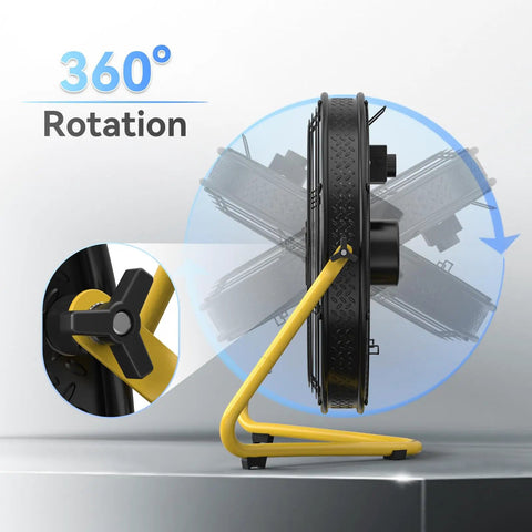 Side view of 20 Inch High Velocity Floor Fan With Wall Mounting System showing 360° rotation feature.