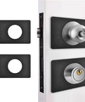 Matte Black Door Lock Reinforcement Plate Kit Two Piece for Door Knobs and Deadbolts covers damaged areas on white door