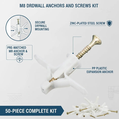 Grab And Go Hollow Wall Mounting Kit For Home And Workshop With M8 Drywall Anchors And Screws 50 Piece Zinc Plated Steel Hardware
