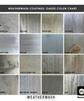 Weatherwash Coatings Oaked Color Chart showcasing wood grain samples for Straight Up Barnwood Aging Wood Wash.