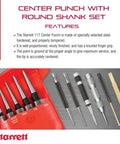Center Punch Set Of 5 Hardened Steel Tools With Round Shank And Knurled Grip in red case, tool sizes shown