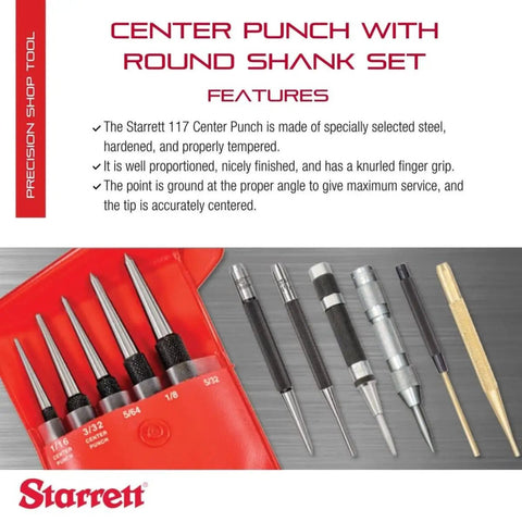 Center Punch Set Of 5 Hardened Steel Tools With Round Shank And Knurled Grip in red case, tool sizes shown