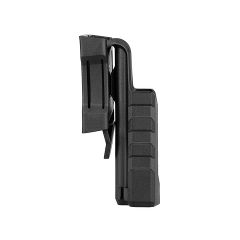 Side view of ArkPro Series Holster for outdoor adventures, fits ArkPro Ultra and Lite, black nylon with belt clip up to 50 mm.