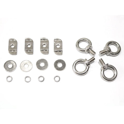 Heavy Duty Stainless Steel Shoulder Eye Bolts 4 Pack With Washers Nuts And Slot Nuts For Tie Down Anchoring And Lifting Rings Threaded Eyebolts Multi Function Kit Model 2 displayed with washers and slot nuts