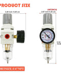 Image of Pro Grade 1/4 Inch NPT Air Filter Regulator Combo with 5 Micron Brass Element and Poly Bowl, showing front and side dimensions.