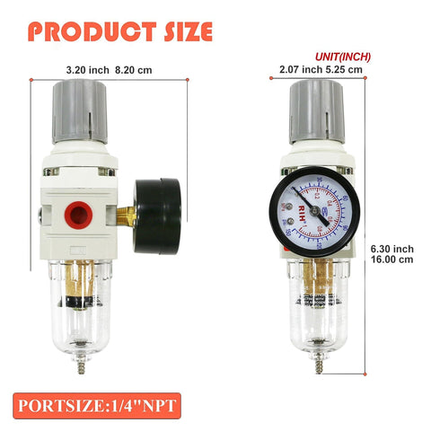 Image of Pro Grade 1/4 Inch NPT Air Filter Regulator Combo with 5 Micron Brass Element and Poly Bowl, showing front and side dimensions.