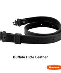 Rugged Buffalo Hide Rifle Sling With Mil Spec Swivels And Black Leather Hunting Strap featuring adjustable black leather strap.