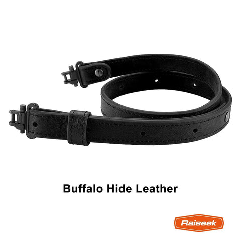 Rugged Buffalo Hide Rifle Sling With Mil Spec Swivels And Black Leather Hunting Strap featuring adjustable black leather strap.