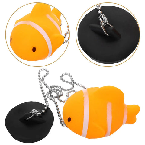 Fish Bathtub Drain Stopper with Chain Rubber for Shower Drains featuring colorful fish design and removable rubber plug.