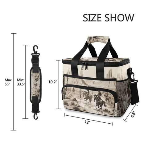 Insulated Lunch Cooler Bag With Shoulder Strap For Picnic Hiking Camping And Work Reusable Lunch Box 15L showing dimensions