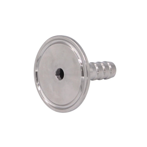 Side view of stainless steel 1.5-in tri-clamp to 0.5-in hose barb adapter (SUS304)