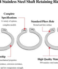 Three 50 Pcs External Retaining Rings C Clips Made From 304 Stainless Steel for Axles Shafts with specifications displayed.