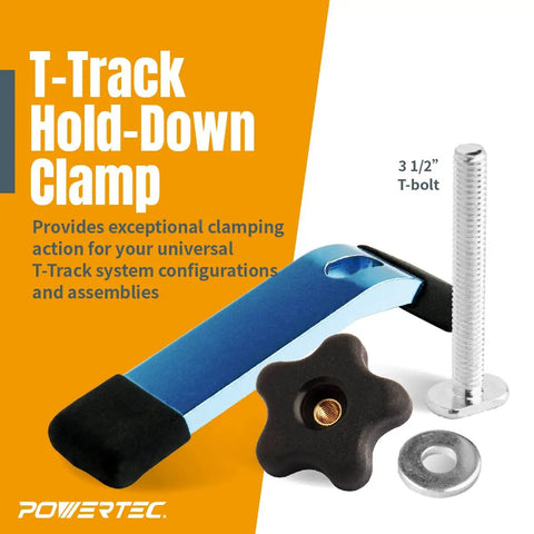 Image of T-Track Hold-Down Clamp showing the clamp, 3 1/2-inch T-bolt, washer, and knob. Ideal for universal T-track systems.