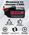 Close-up of 1500mAh 4S LiPo Battery 130C Burst 260C with XT60 plug, showing specifications and features for FPV drones.