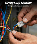 Hands connecting wires with No Tools Quick Connect Wire Connectors 2 Pin Double Wire Plug In With Locking Buckle Flame Retardant