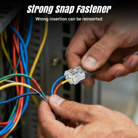 Hands connecting wires with No Tools Quick Connect Wire Connectors 2 Pin Double Wire Plug In With Locking Buckle Flame Retardant