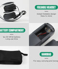 Ultrasonic leak detector accessories collage: foldable headset, 9V battery compartment, and carrying handbag.