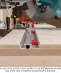 Micro Adjustable Miter Fence Stop System With Combo Track And Quick Flip Stops To Nail Your Cuts On Any Miter Saw Made In Usa zoomed in on precision track with plywood for accurate cuts.