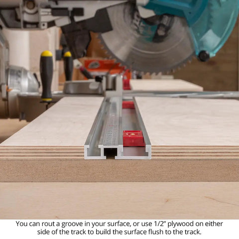 Micro Adjustable Miter Fence Stop System With Combo Track And Quick Flip Stops To Nail Your Cuts On Any Miter Saw Made In Usa zoomed in on precision track with plywood for accurate cuts.