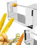 ANYDOCANMOOT spiral potato cutter, front view; manual stainless steel slicer for curly fries with reusable stick