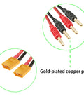 XT60 To Four Millimeter Banana Plug Adapter Cable For RC Batteries Charger, 12AWG Thirty Centimeter Wire, Dual Pack, LiPo Battery Charging For Helicopters And Quadcopters, Quick Connect Power Lead With Heavy Duty Silicone Jacket, showing gold-plated connectors and cable details.
