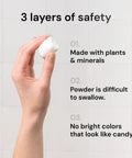 Hand holding a Sixty Three In One Laundry Detergent Pod, emphasizing its plant-based safety features.
