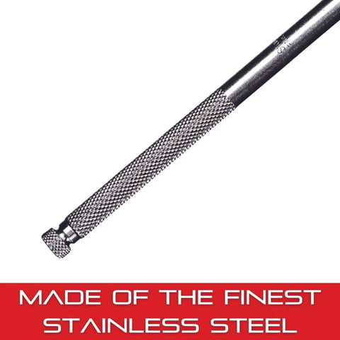 Close-up of the knurled grip section of a small steel rule with holder, professional grade precision measuring tool.