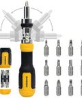 Ratcheting 13-In-1 Multi Bit Screwdriver Set with 180-degree pivot and magnetic bits, shown with interchangeable components.