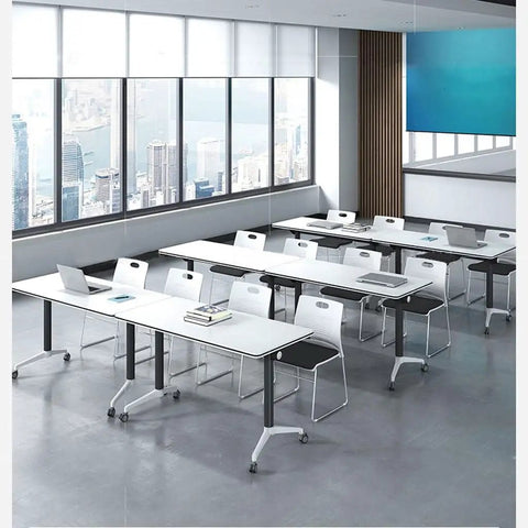 Compact Folding Computer Desk With Handy Built In Drawers And Smooth Riding Casters For Home Offices Training Rooms Or Large Conference Areas Stress Free Setup in modern office layout.
