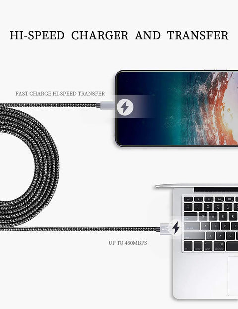 Braided USB-C charging cables, 6 ft, 3A, 5-pack for Samsung Galaxy devices; high-speed charging.